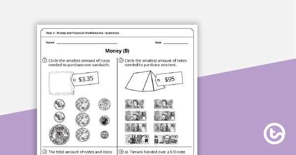 money and financial mathematics worksheets year 3 teach starter