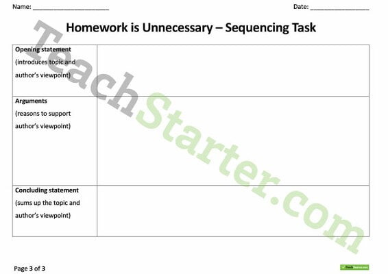Sequencing Activity - Homework is Unnecessary (Persuasive Text) teaching resource