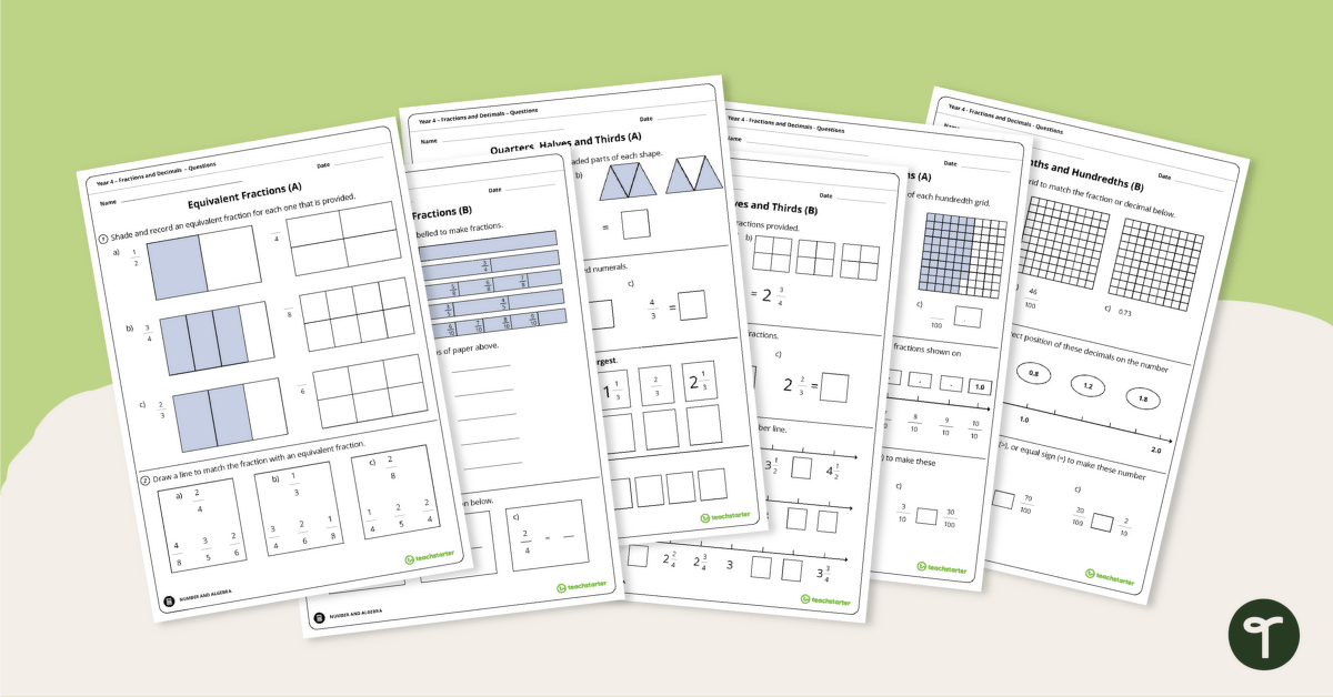 Year 4 Fractions and Decimals Worksheets teaching resource