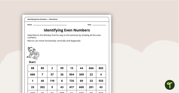 去to Identifying Even Numbers - Worksheet teaching resource