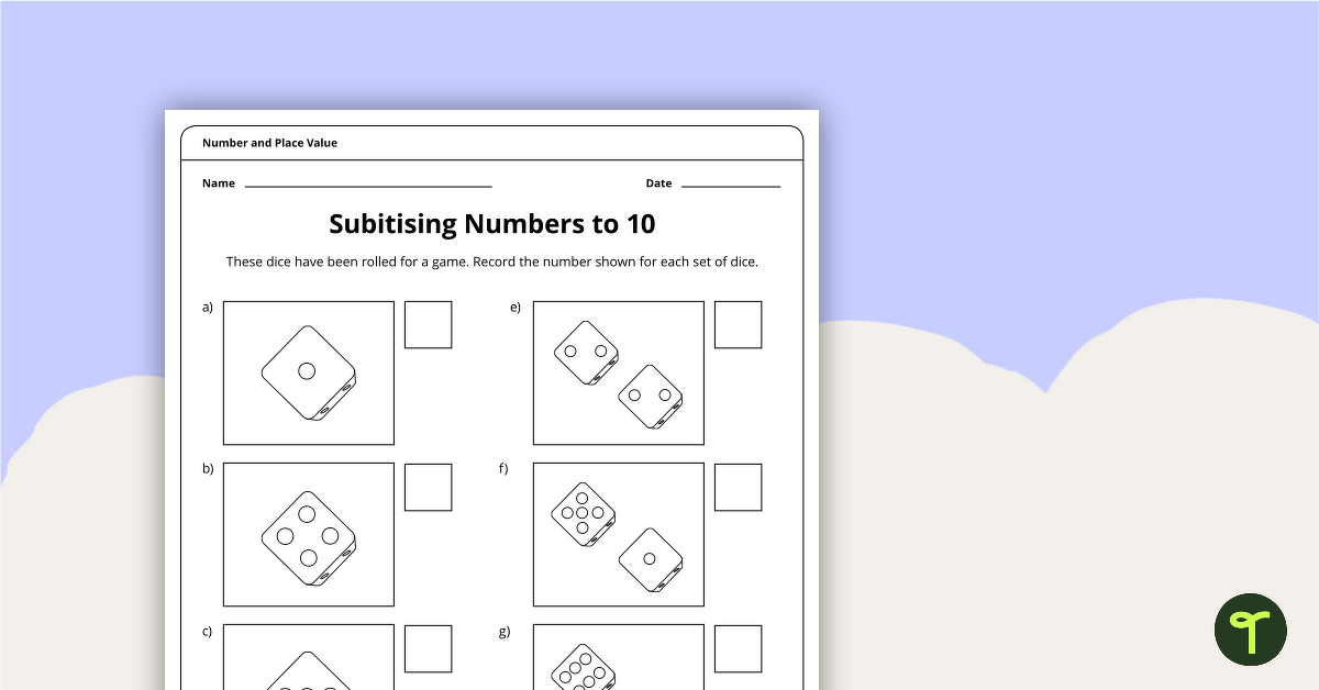 Subitising Numbers to 10 Worksheet teaching resource