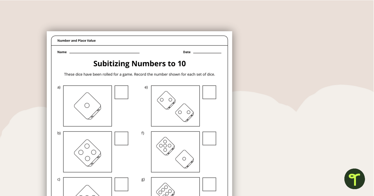 Subitizing Numbers to 10 - Worksheet teaching resource