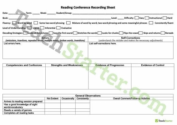 Reading Conference Recording Sheet teaching resource