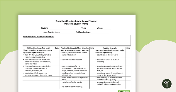 Go to Transitional Reading Rubric (Lower Primary) teaching resource