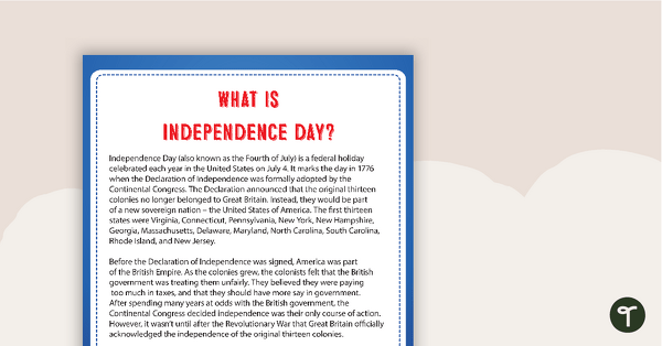 Preview image for What is Independence Day? - Comprehension Task - teaching resource
