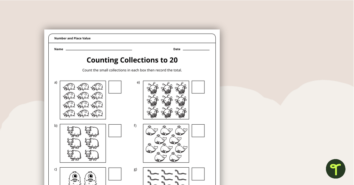 Counting Collections to 20 Worksheet teaching resource