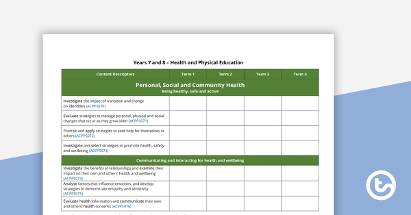 Go to Health and Physical Education Term Tracker (Australian Curriculum) - Years 7 and 8 teaching resource