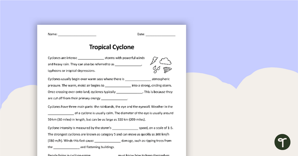 Tropical Cyclone Cloze Worksheet teaching resource