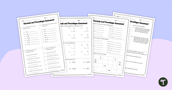 decimals and percentages assessment teach starter