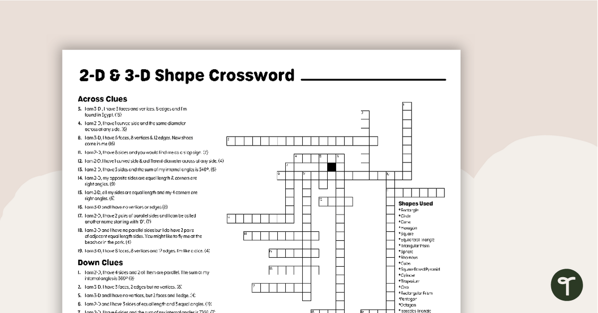2D and 3D Shapes Crossword with Solution teaching resource