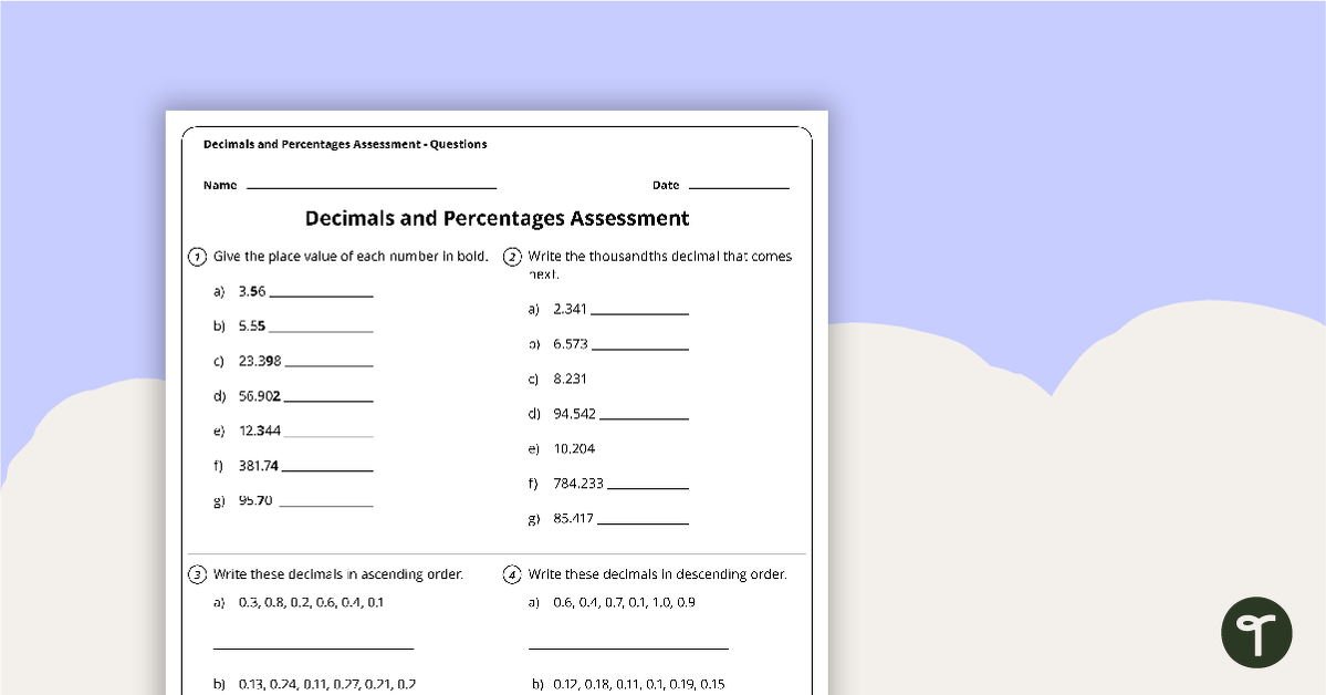 Decimals and Percentages Assessment - Year 5 and Year 6 teaching resource