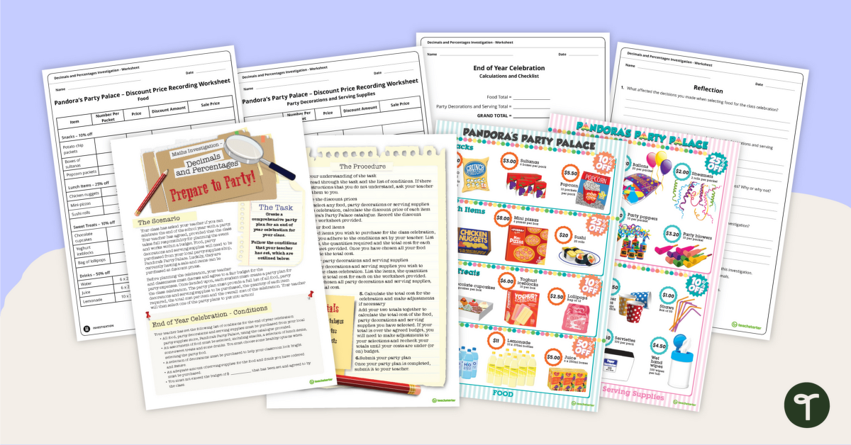 Decimals and Percentages Maths Investigation – Plan a Party! teaching resource