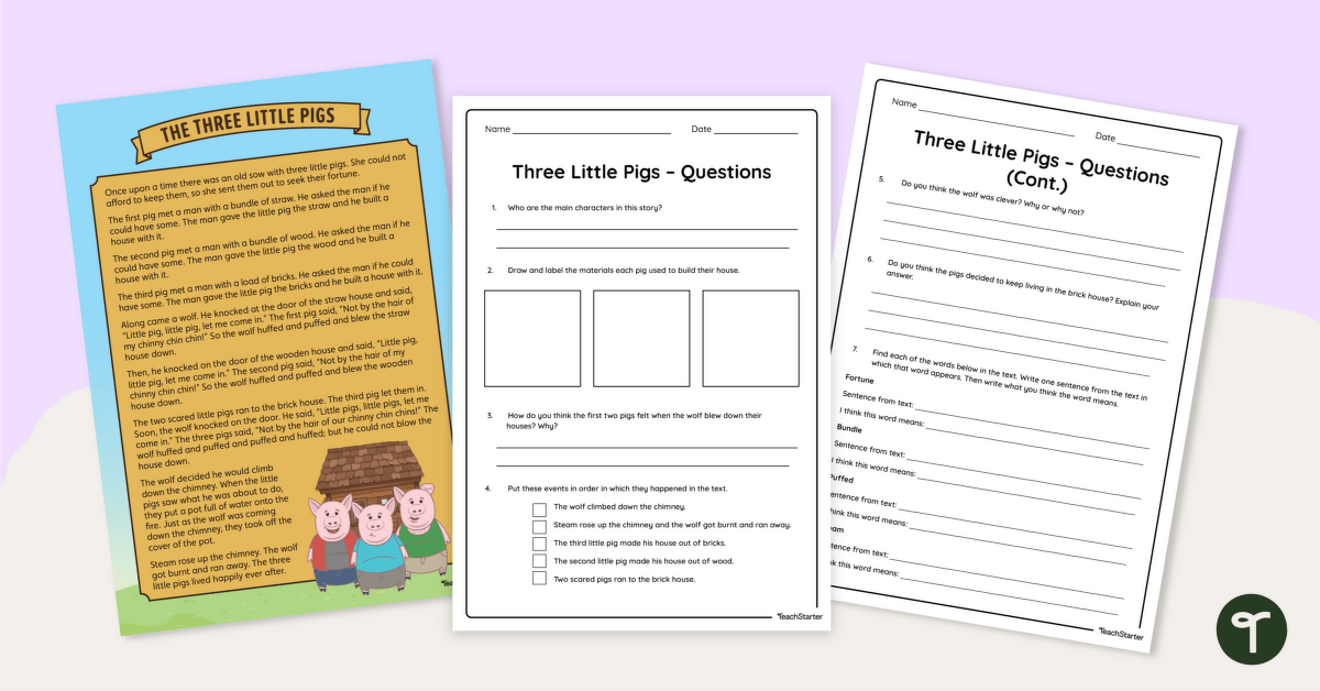 The Three Little Pigs – Comprehension Worksheet teaching resource