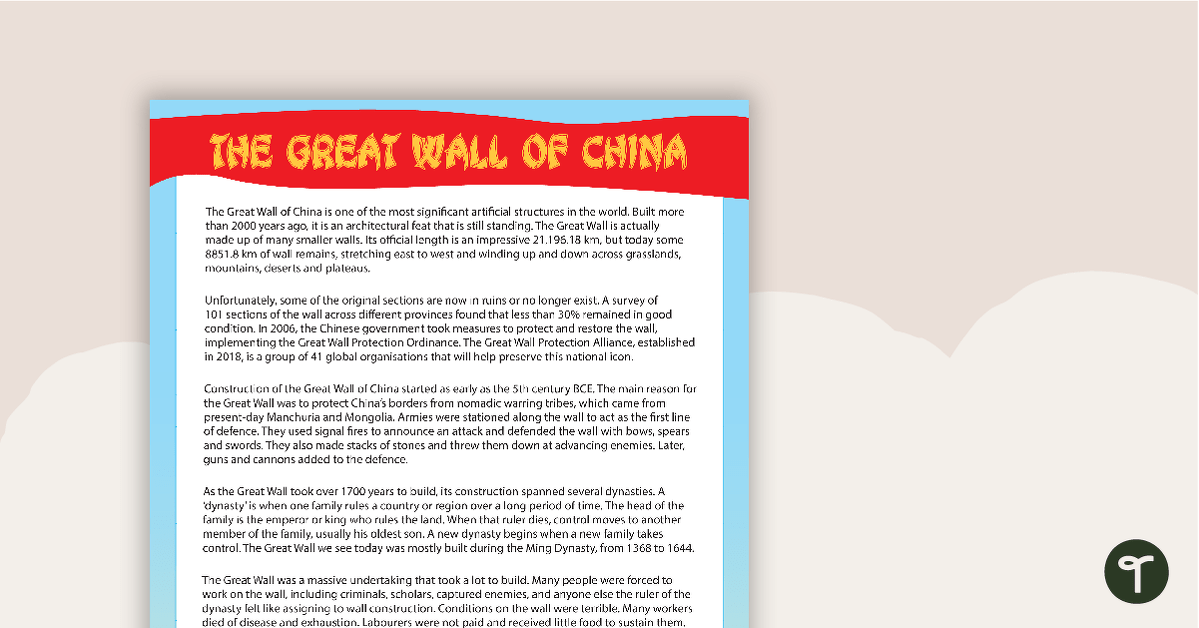 Comprehension - The Great Wall of China teaching resource