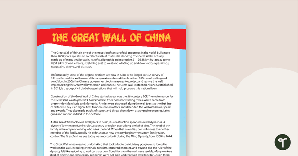 Go to Comprehension - The Great Wall of China teaching resource