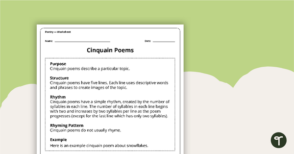 Writing a Cinquain Poem Worksheet teaching resource