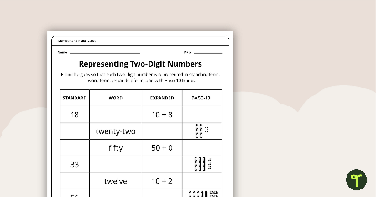 Representing Two-Digit Numbers - Place Value Worksheet teaching resource