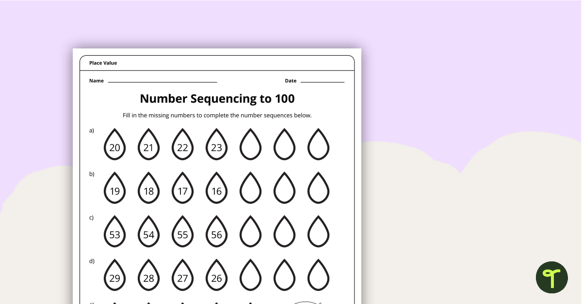 Number Sequencing to 100 - Worksheet teaching resource