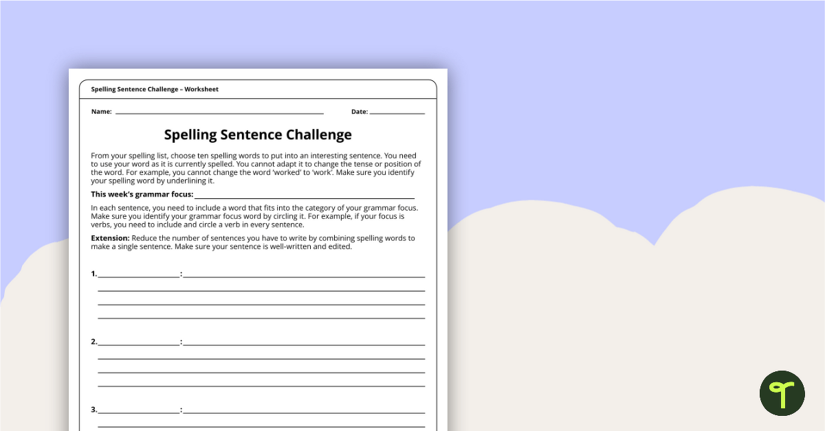 Spelling Sentence Challenge Worksheet teaching resource