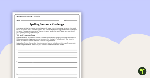 Go to Spelling Sentence Challenge Worksheet teaching resource