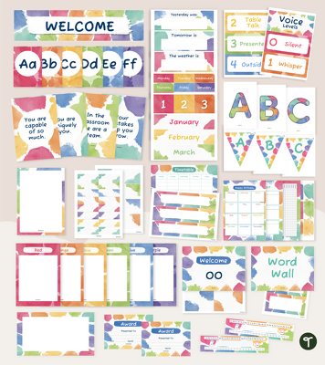 Watercolour Rainbow Classroom Theme Bundle teaching resource
