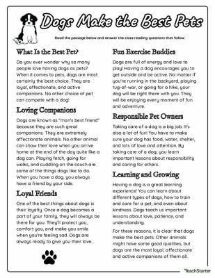 Dogs Make The Best Pets - Reading Comprehension PDF teaching resource