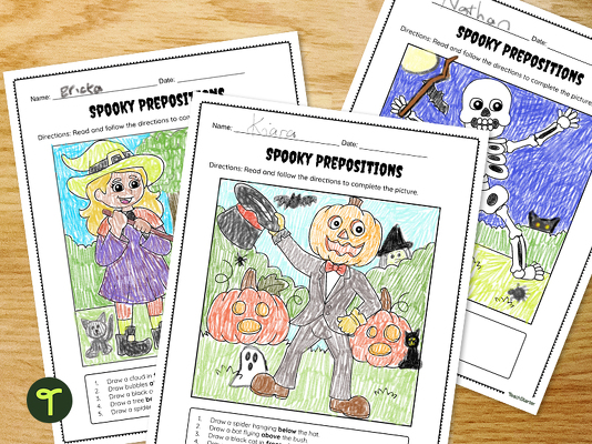Halloween Finish the Drawing - Preposition Worksheets teaching resource