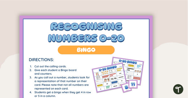 Recognising Numbers 0 — 20 BINGO Game teaching resource